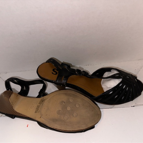 SO Sz 7-7.5 Black Heel Sandals for Women Cut Out Peep Toe Wood Heel Buckle - Picture 4 of 5
